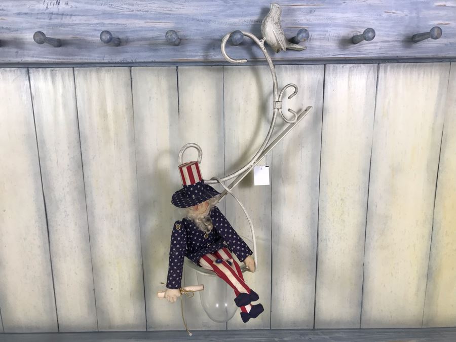 New Metal Bird Motif Wall Bracket With Hanging Bell Glass Flower Pot And Uncle Sam Doll [Photo 1]