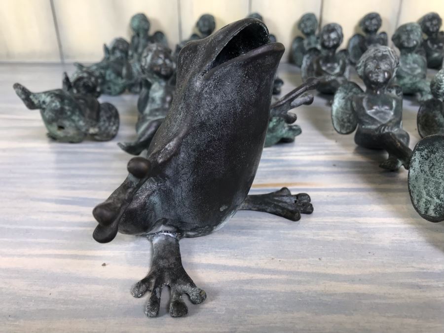 Metal Frog Sculpture And (19) Metal Cherubs