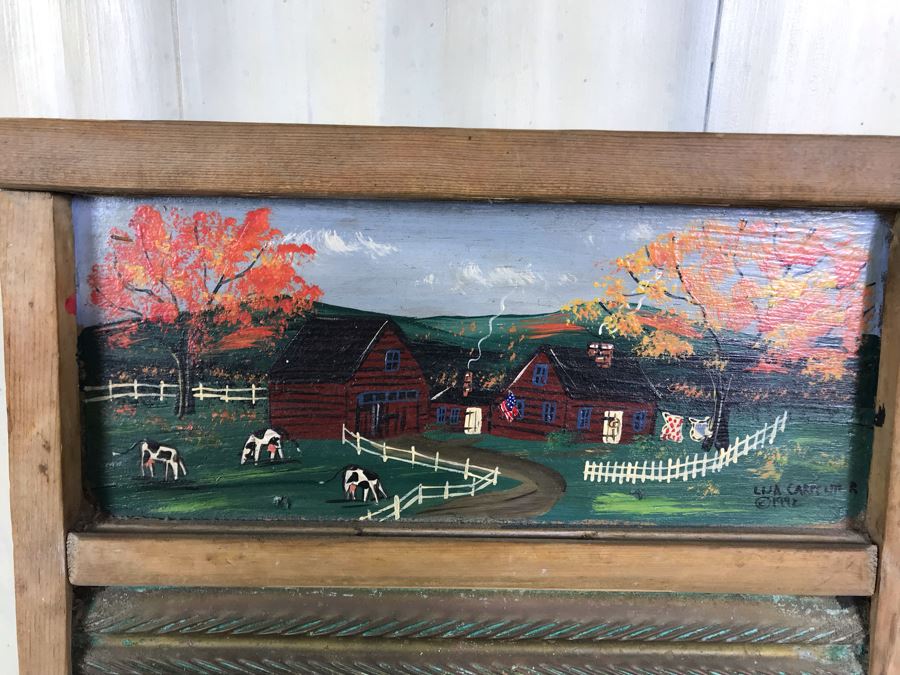 Hand Painted Country Folk Art Primitive Metal Washboard By Lisa Carpenter New Hampshire 1992 And Vintage Cardboard Adverising Sign Fairies Sweet-Scented Starch Makes Ironing Easy [Photo 8]