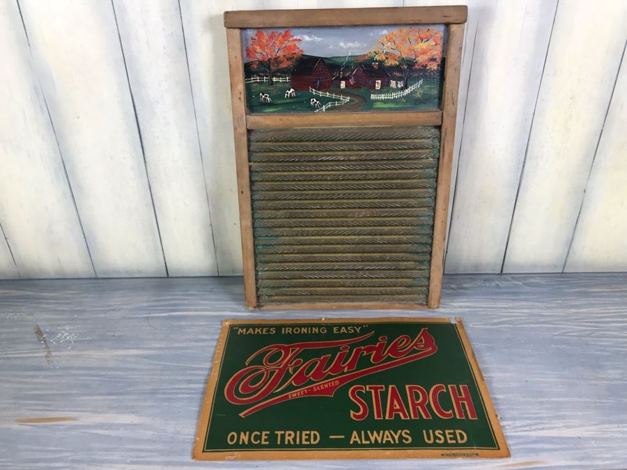Hand Painted Country Folk Art Primitive Metal Washboard By Lisa Carpenter New Hampshire 1992 And Vintage Cardboard Adverising Sign Fairies Sweet-Scented Starch Makes Ironing Easy [Photo 1]