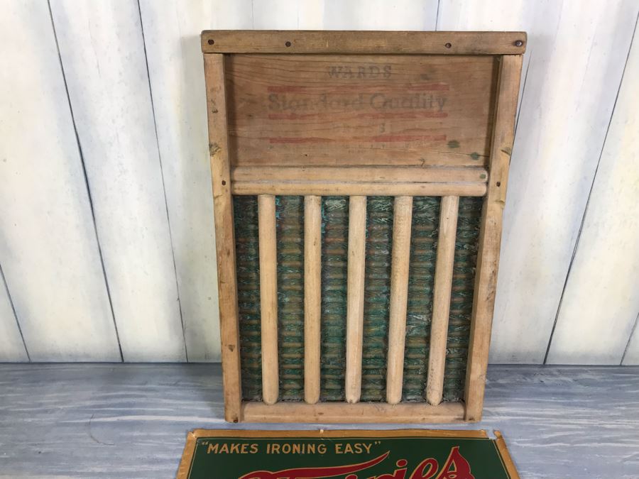Hand Painted Country Folk Art Primitive Metal Washboard By Lisa Carpenter New Hampshire 1992 And Vintage Cardboard Adverising Sign Fairies Sweet-Scented Starch Makes Ironing Easy [Photo 11]