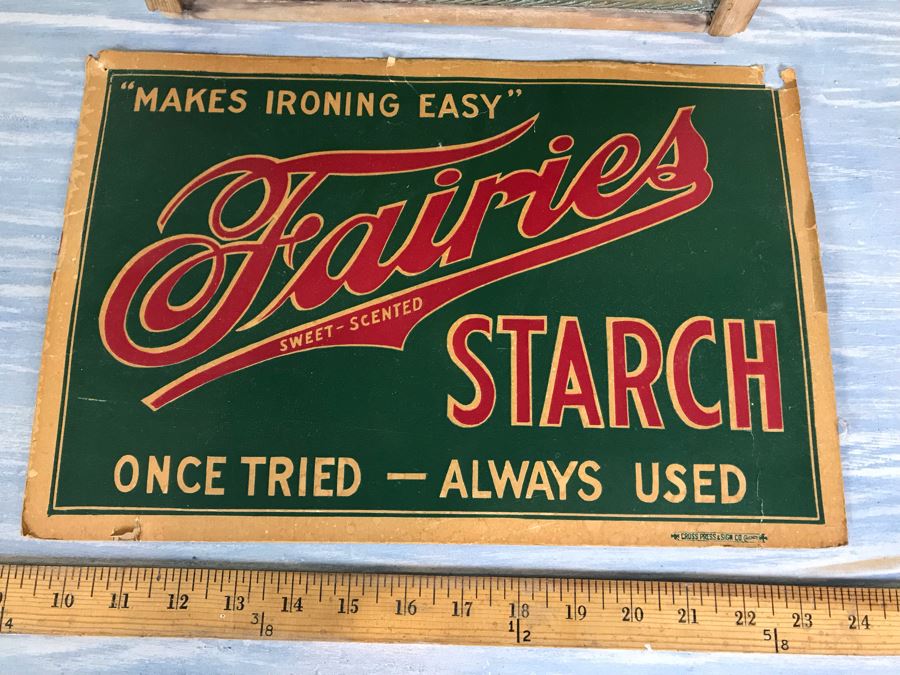 Hand Painted Country Folk Art Primitive Metal Washboard By Lisa Carpenter New Hampshire 1992 And Vintage Cardboard Adverising Sign Fairies Sweet-Scented Starch Makes Ironing Easy [Photo 10]