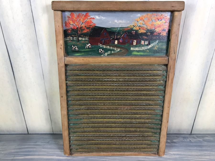 Hand Painted Country Folk Art Primitive Metal Washboard By Lisa Carpenter New Hampshire 1992 And Vintage Cardboard Adverising Sign Fairies Sweet-Scented Starch Makes Ironing Easy [Photo 4]