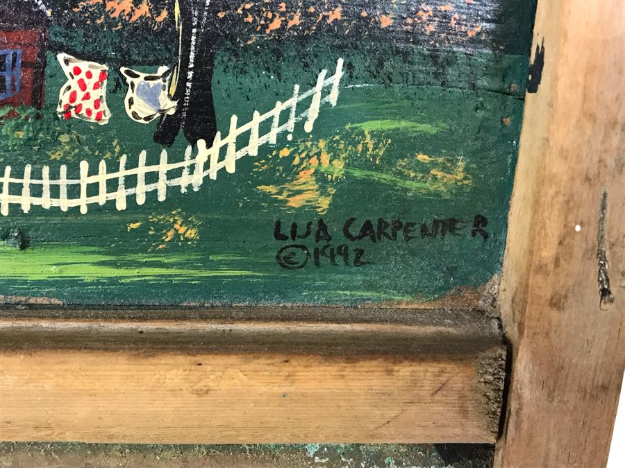 Hand Painted Country Folk Art Primitive Metal Washboard By Lisa Carpenter New Hampshire 1992 And Vintage Cardboard Adverising Sign Fairies Sweet-Scented Starch Makes Ironing Easy [Photo 9]