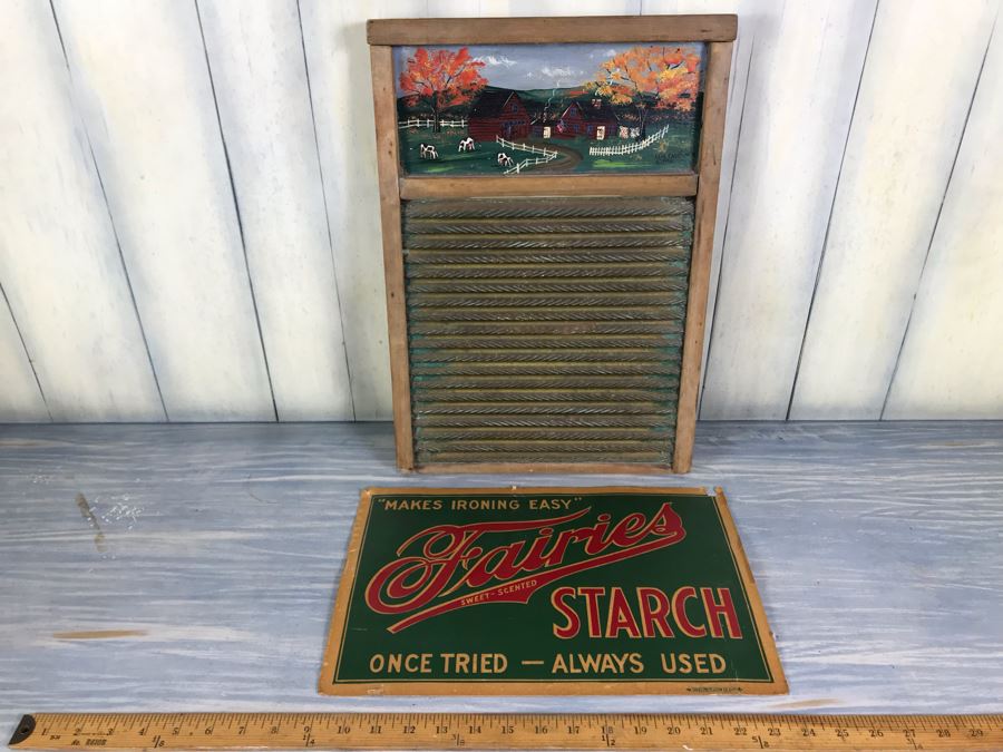 Hand Painted Country Folk Art Primitive Metal Washboard By Lisa Carpenter New Hampshire 1992 And Vintage Cardboard Adverising Sign Fairies Sweet-Scented Starch Makes Ironing Easy [Photo 3]