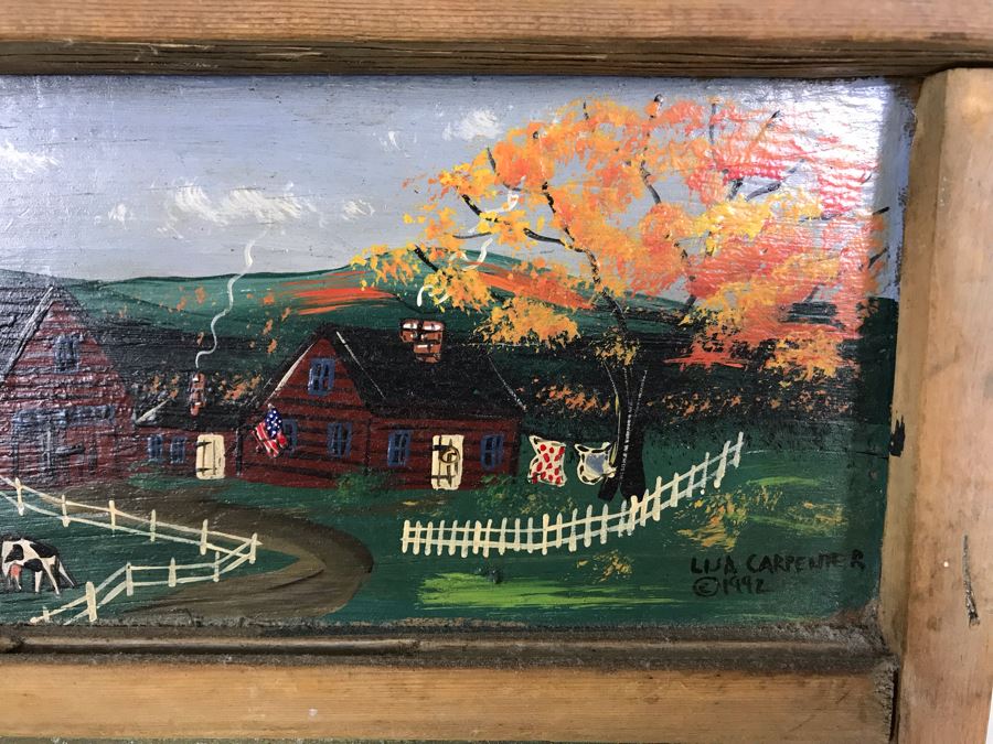 Hand Painted Country Folk Art Primitive Metal Washboard By Lisa Carpenter New Hampshire 1992 And Vintage Cardboard Adverising Sign Fairies Sweet-Scented Starch Makes Ironing Easy [Photo 6]