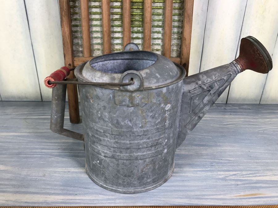 Vintage National Washboard Co No 801 And Vintage Galvanized Metal Watering Gardening Can [Photo 2]
