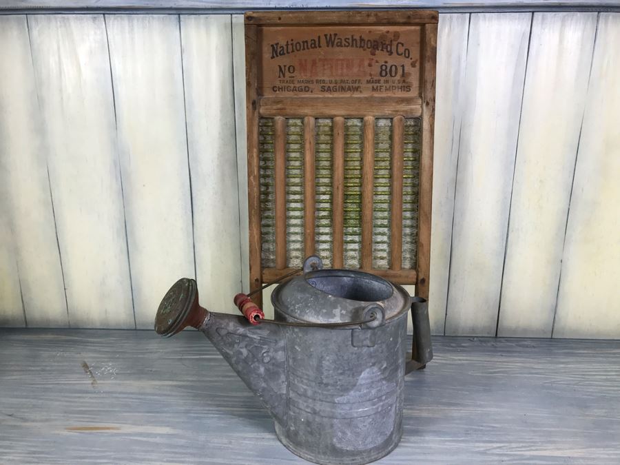 Vintage National Washboard Co No 801 And Vintage Galvanized Metal Watering Gardening Can