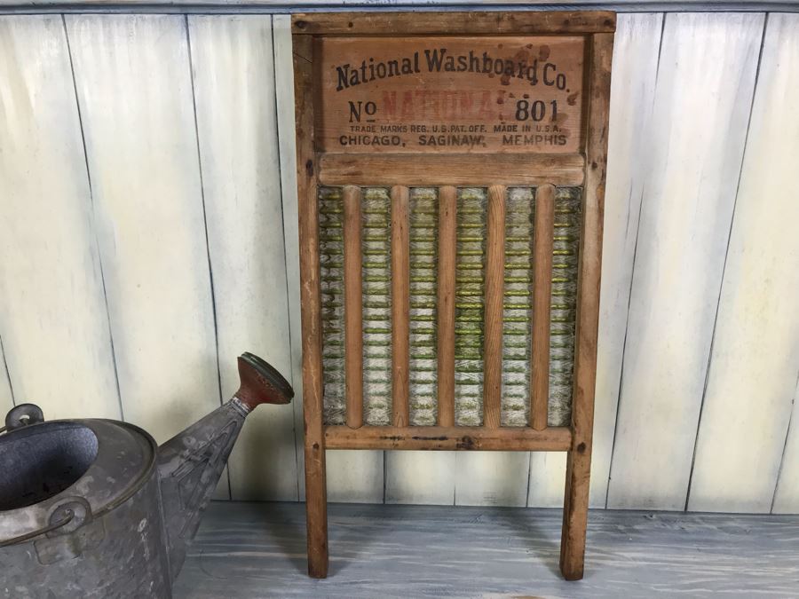 Vintage National Washboard Co No 801 And Vintage Galvanized Metal Watering Gardening Can [Photo 11]