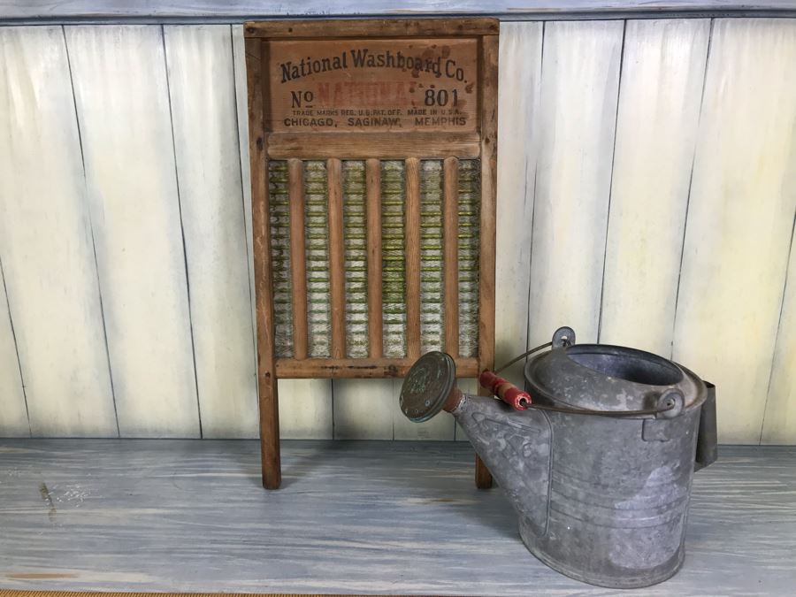 Vintage National Washboard Co No 801 And Vintage Galvanized Metal Watering Gardening Can [Photo 3]