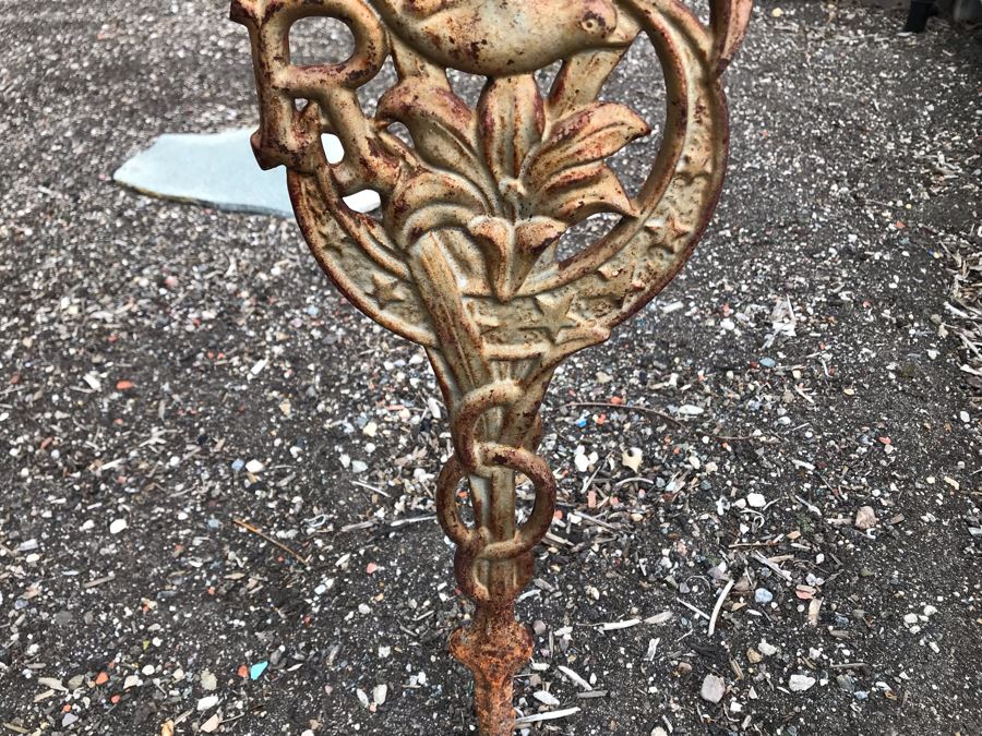 Antique Cast Iron Ornamental Grave Marker Featuring Bird, Flower, Stars And Letter R [Photo 3]