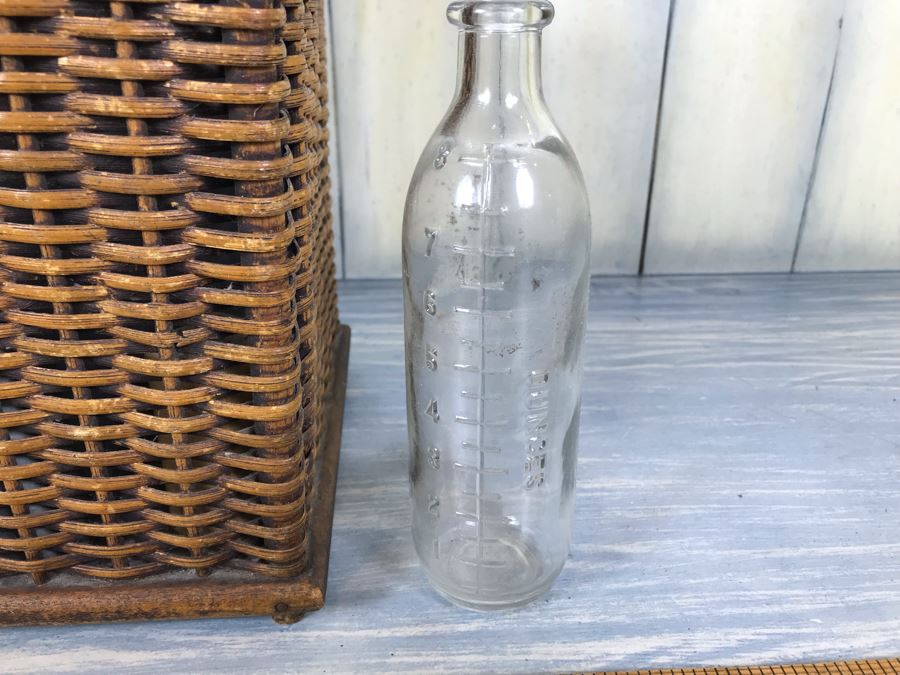 Antique Primitive Wicker Basket (Has Some Damage At Top) 10'W X 7.5'D X 10'H With Metal Basket Insert And (2) Vintage Glass Milk Bottles [Photo 8]
