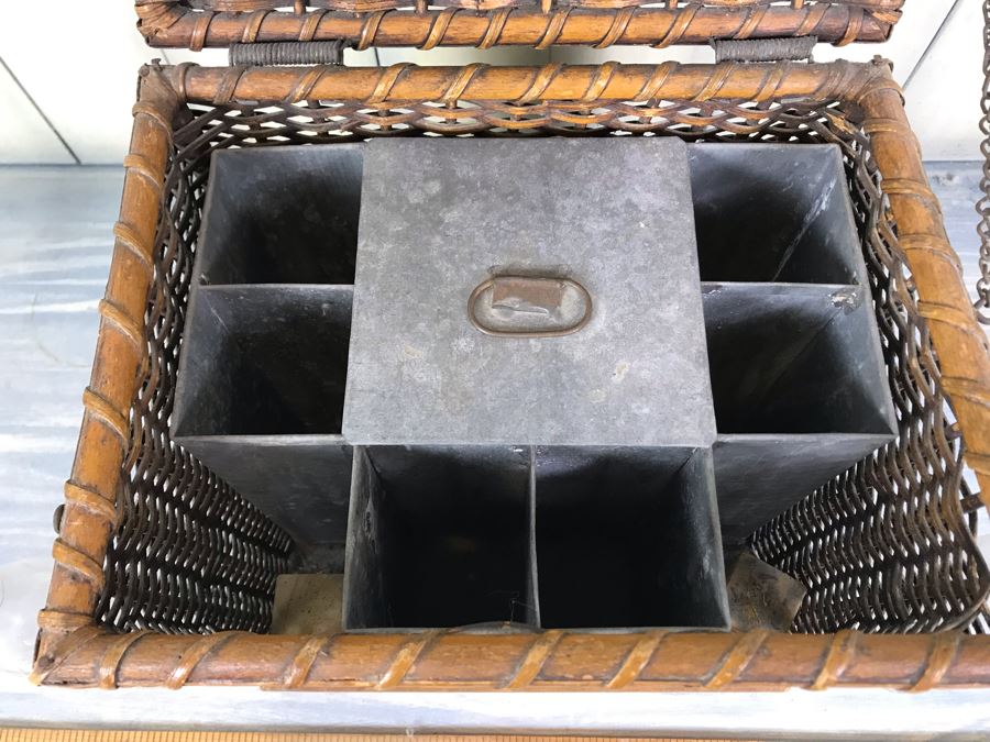 Antique Primitive Wicker Basket (Has Some Damage At Top) 10'W X 7.5'D X 10'H With Metal Basket Insert And (2) Vintage Glass Milk Bottles [Photo 3]