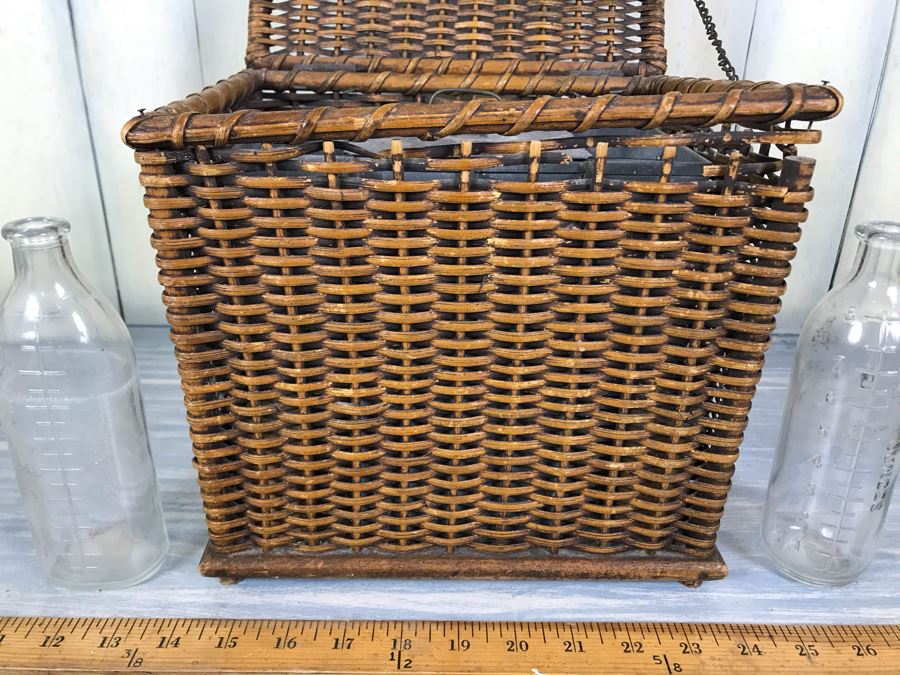 Antique Primitive Wicker Basket (Has Some Damage At Top) 10'W X 7.5'D X 10'H With Metal Basket Insert And (2) Vintage Glass Milk Bottles [Photo 7]