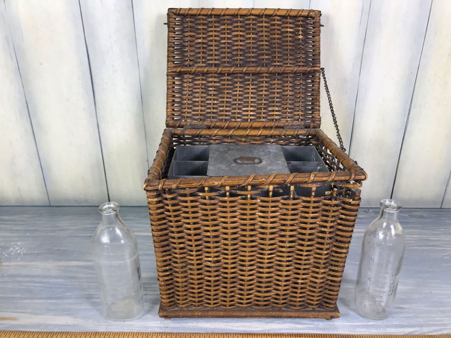 Antique Primitive Wicker Basket (Has Some Damage At Top) 10'W X 7.5'D X 10'H With Metal Basket Insert And (2) Vintage Glass Milk Bottles