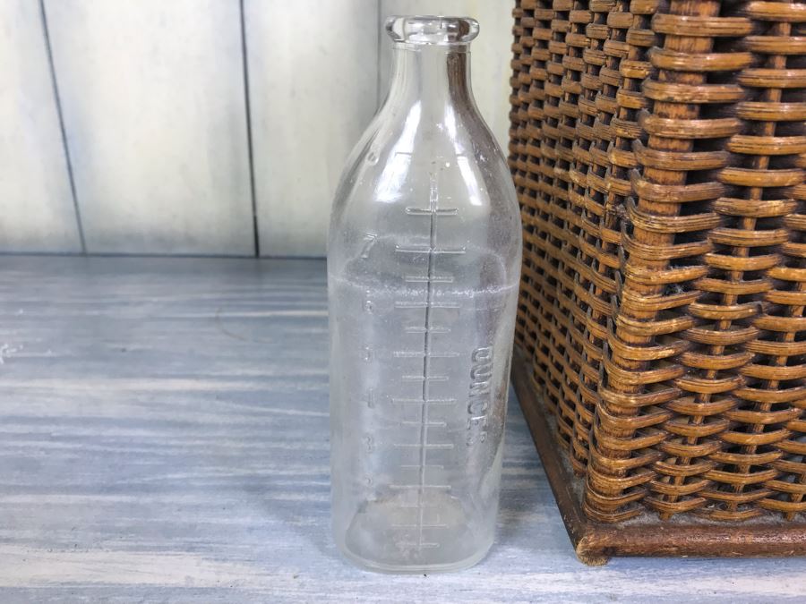 Antique Primitive Wicker Basket (Has Some Damage At Top) 10'W X 7.5'D X 10'H With Metal Basket Insert And (2) Vintage Glass Milk Bottles [Photo 9]