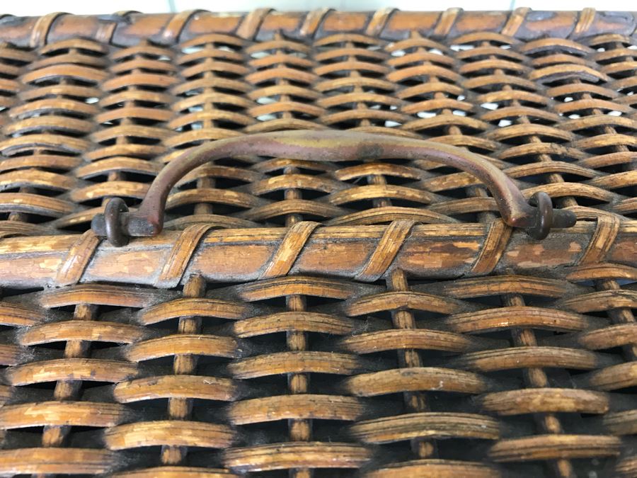 Antique Primitive Wicker Basket (Has Some Damage At Top) 10'W X 7.5'D X 10'H With Metal Basket Insert And (2) Vintage Glass Milk Bottles [Photo 11]