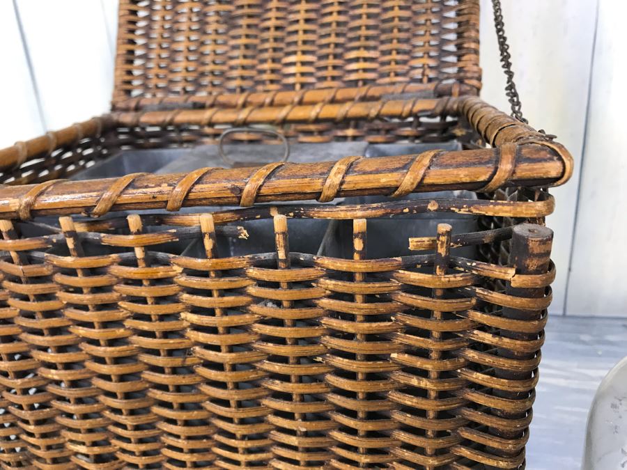Antique Primitive Wicker Basket (Has Some Damage At Top) 10'W X 7.5'D X 10'H With Metal Basket Insert And (2) Vintage Glass Milk Bottles [Photo 6]