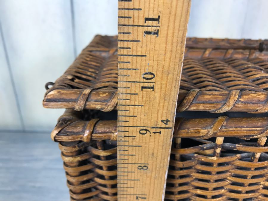 Antique Primitive Wicker Basket (Has Some Damage At Top) 10'W X 7.5'D X 10'H With Metal Basket Insert And (2) Vintage Glass Milk Bottles [Photo 14]
