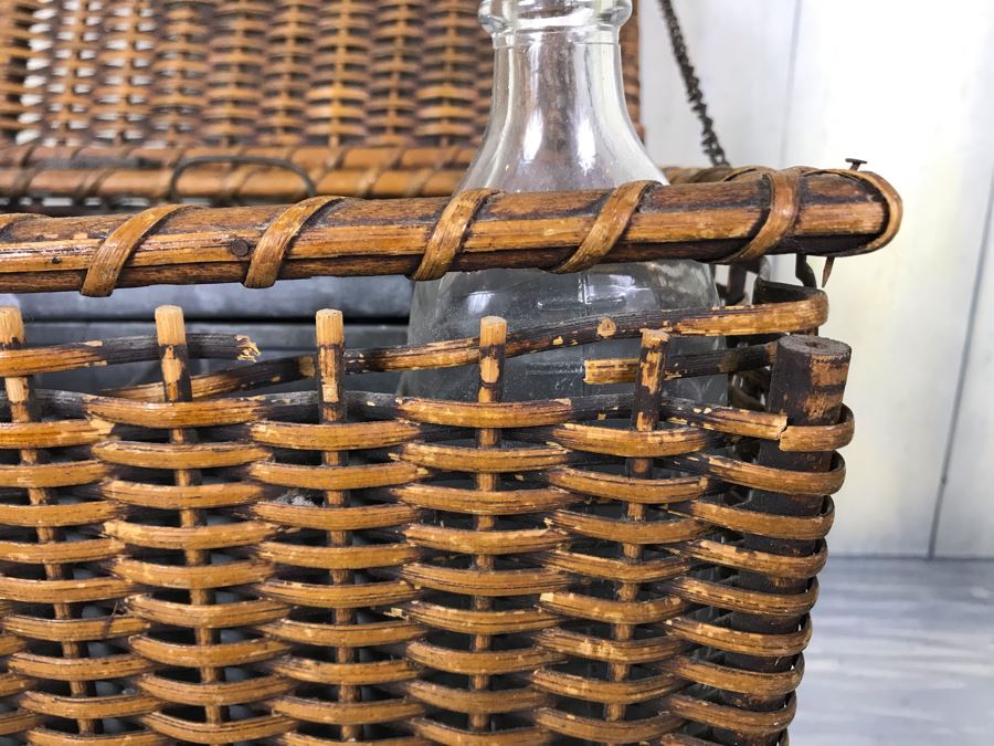Antique Primitive Wicker Basket (Has Some Damage At Top) 10'W X 7.5'D X 10'H With Metal Basket Insert And (2) Vintage Glass Milk Bottles [Photo 16]