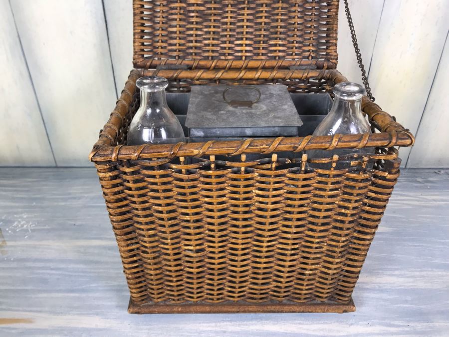 Antique Primitive Wicker Basket (Has Some Damage At Top) 10'W X 7.5'D X 10'H With Metal Basket Insert And (2) Vintage Glass Milk Bottles [Photo 15]