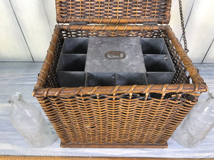 Antique Primitive Wicker Basket (Has Some Damage At Top) 10'W X 7.5'D X 10'H With Metal Basket Insert And (2) Vintage Glass Milk Bottles [Photo 2]