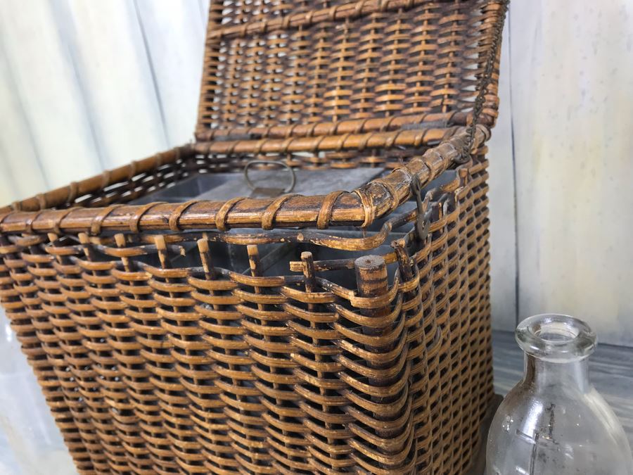 Antique Primitive Wicker Basket (Has Some Damage At Top) 10'W X 7.5'D X 10'H With Metal Basket Insert And (2) Vintage Glass Milk Bottles [Photo 5]