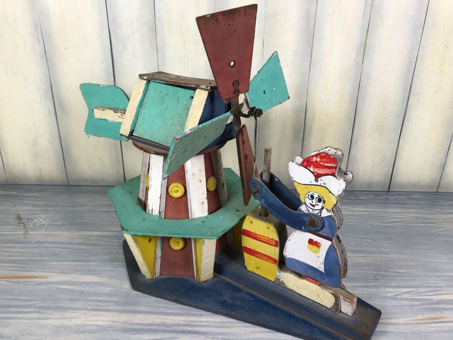 Antique Hand Painted Wooden Whirligig Butter Churn Windmill Folk Art [Photo 6]