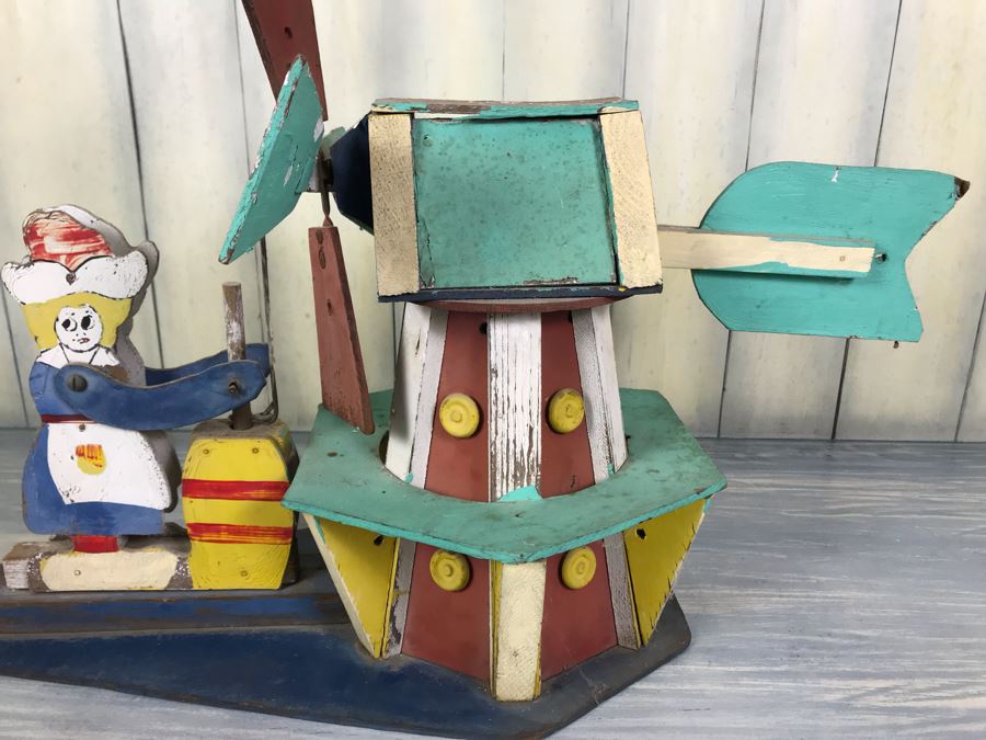 Antique Hand Painted Wooden Whirligig Butter Churn Windmill Folk Art [Photo 12]