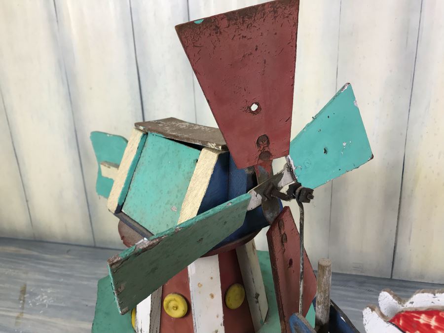 Antique Hand Painted Wooden Whirligig Butter Churn Windmill Folk Art [Photo 8]
