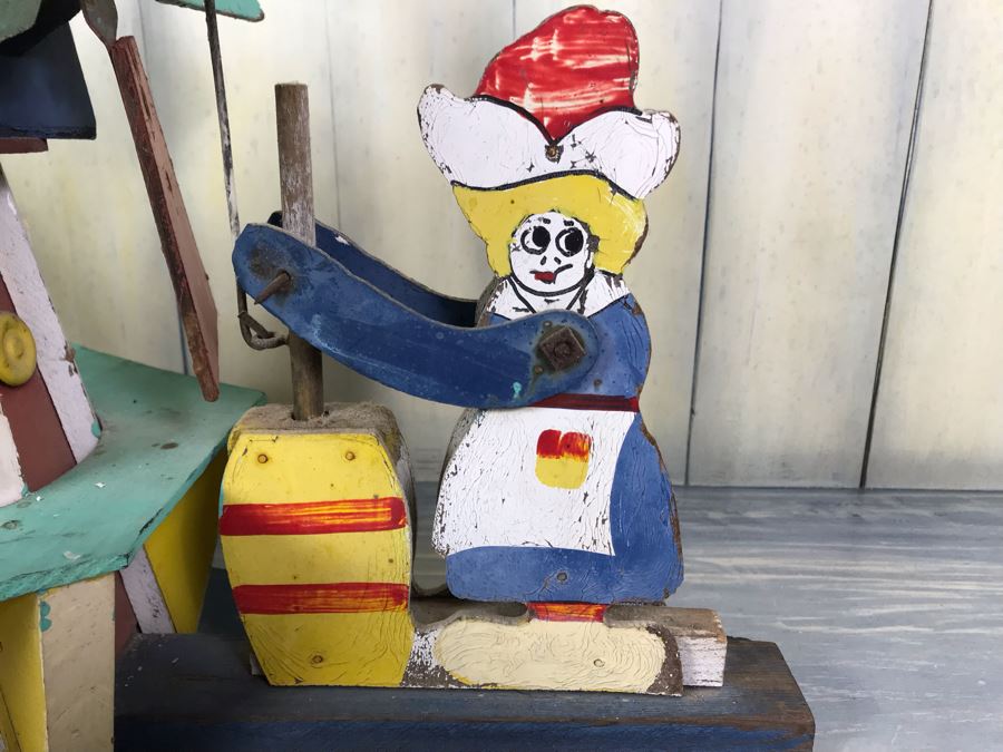 Antique Hand Painted Wooden Whirligig Butter Churn Windmill Folk Art [Photo 5]