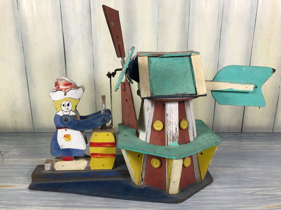 Antique Hand Painted Wooden Whirligig Butter Churn Windmill Folk Art [Photo 10]