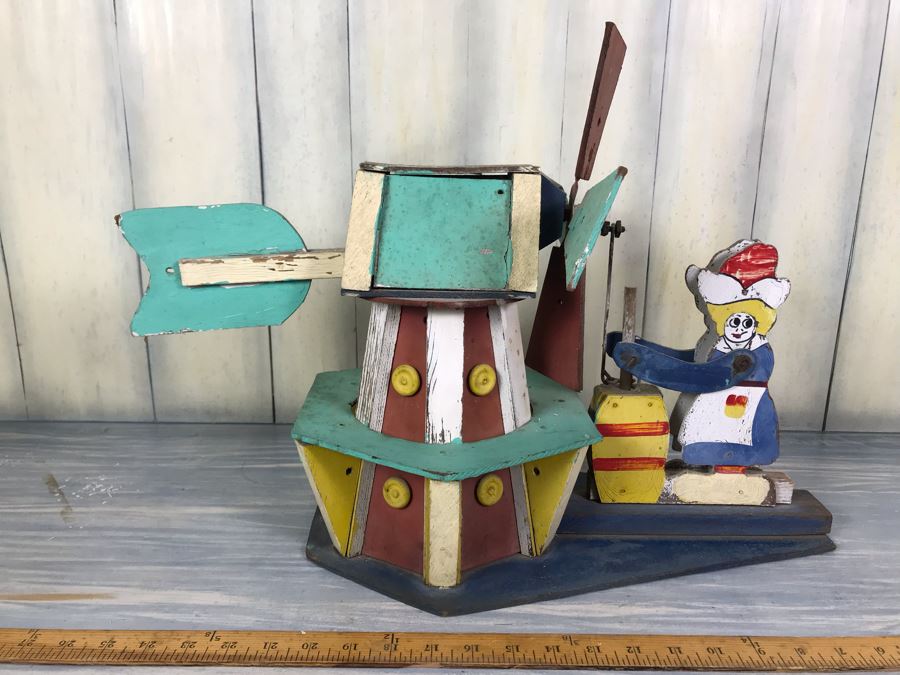 Antique Hand Painted Wooden Whirligig Butter Churn Windmill Folk Art [Photo 2]