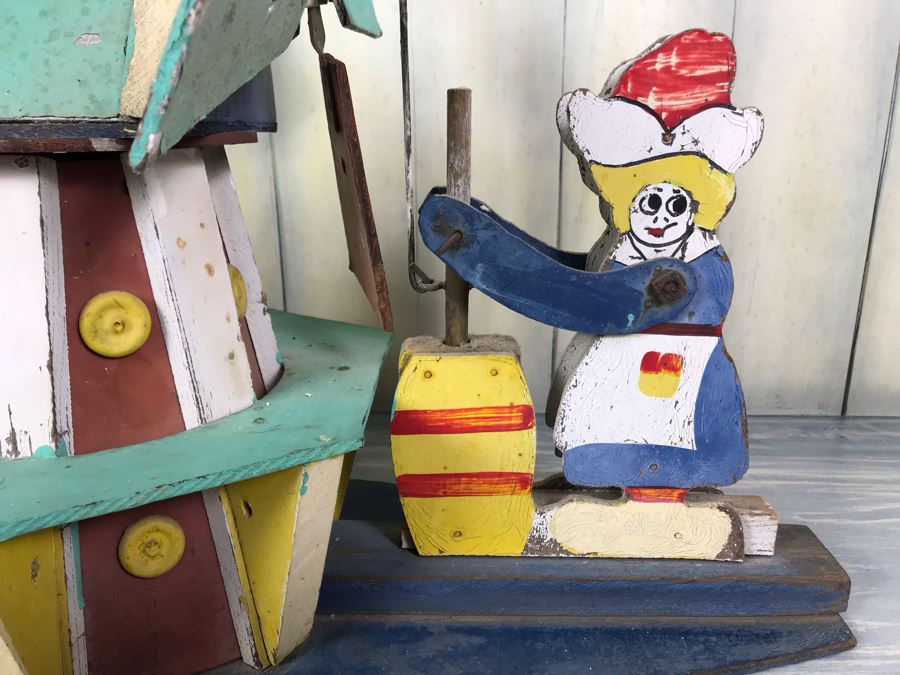 Antique Hand Painted Wooden Whirligig Butter Churn Windmill Folk Art [Photo 4]