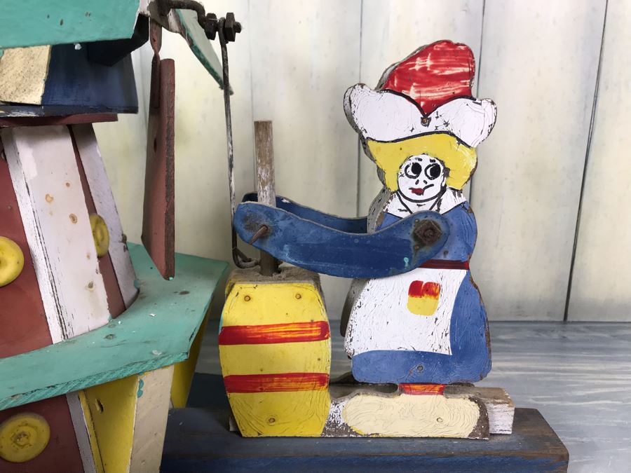 Antique Hand Painted Wooden Whirligig Butter Churn Windmill Folk Art [Photo 3]