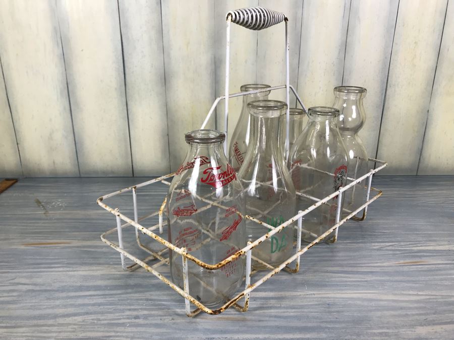 Vintage Metal Glass Milk Bottle Carrier With Handle And (6) Vintage Glass Milk Bottles [Photo 14]