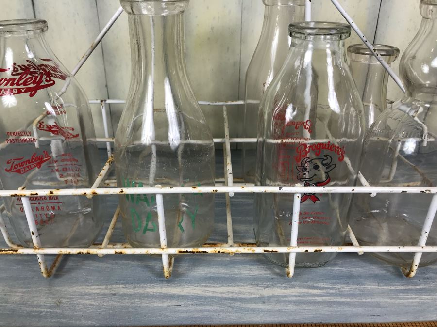 Vintage Metal Glass Milk Bottle Carrier With Handle And (6) Vintage Glass Milk Bottles [Photo 3]