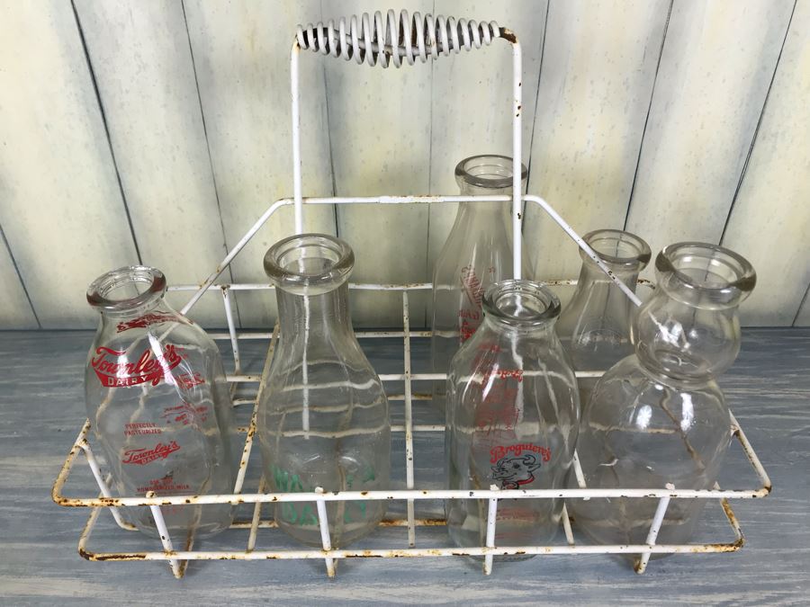 Vintage Metal Glass Milk Bottle Carrier With Handle And (6) Vintage Glass Milk Bottles [Photo 2]