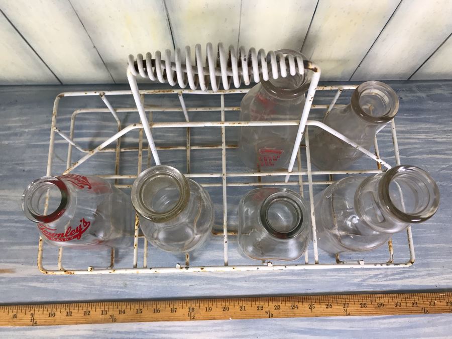 Vintage Metal Glass Milk Bottle Carrier With Handle And (6) Vintage Glass Milk Bottles [Photo 10]