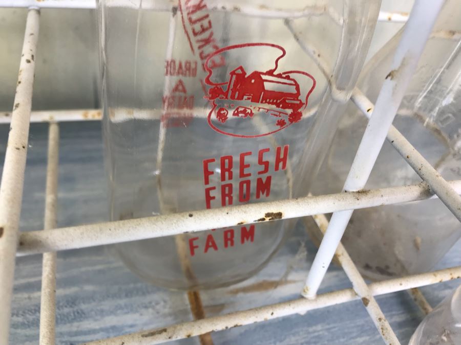 Vintage Metal Glass Milk Bottle Carrier With Handle And (6) Vintage Glass Milk Bottles [Photo 8]