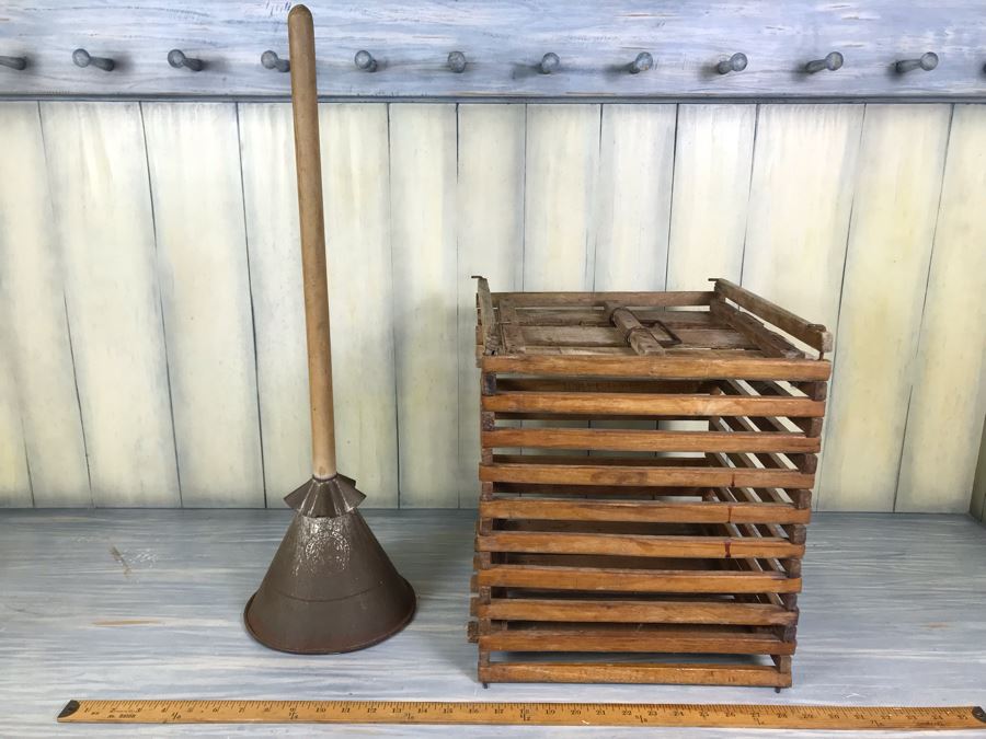 Antique Wooden Chicken Egg Carrying Case Box Cage With Handle 13'W X 15'H And Antique C.T. Childers Rapid Washer Laundry Clothes