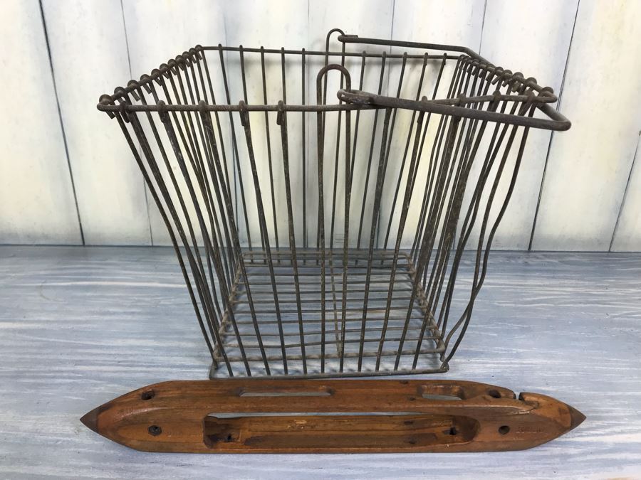 Vintage Metal Square Egg Basket And Vintage Wooden Shuttle Textile Weaving Loom By Draper 10336