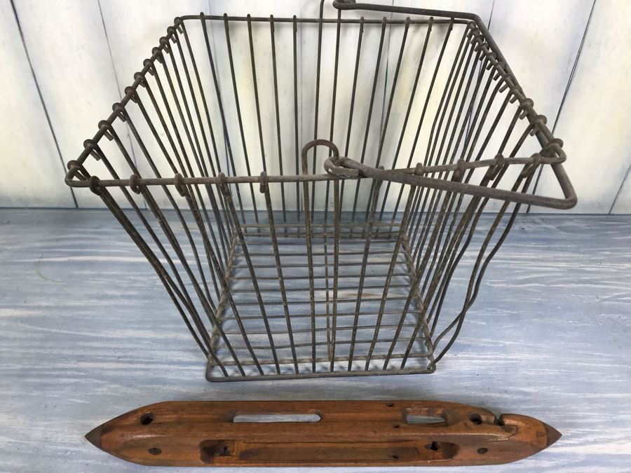 Vintage Metal Square Egg Basket And Vintage Wooden Shuttle Textile Weaving Loom By Draper 10336 [Photo 2]