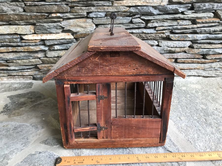 Antique Primitive Wooden And Metal Cage With Handle 17'D X 12'W X 12.5'H [Photo 2]