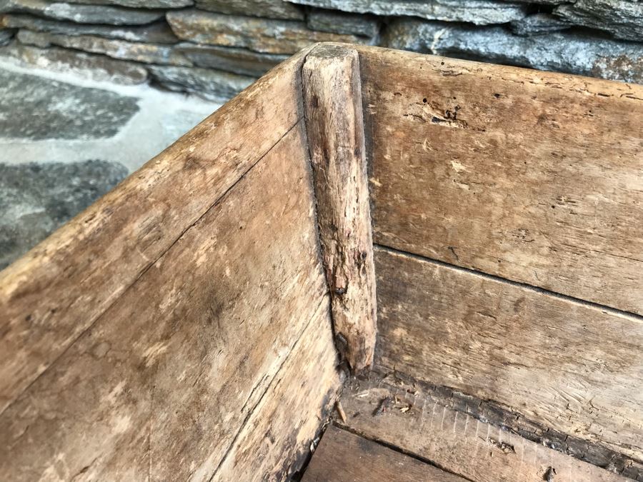 Antique Primitive Wooden Basket With Wrought Iron Curved Handle 18'W X 9'D X 15'H [Photo 15]