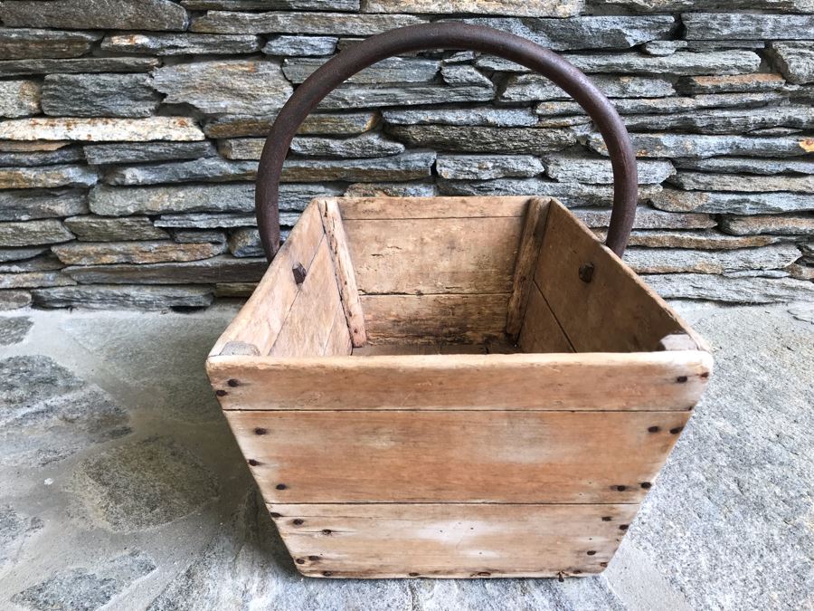 Antique Primitive Wooden Basket With Wrought Iron Curved Handle 18'W X 9'D X 15'H [Photo 5]