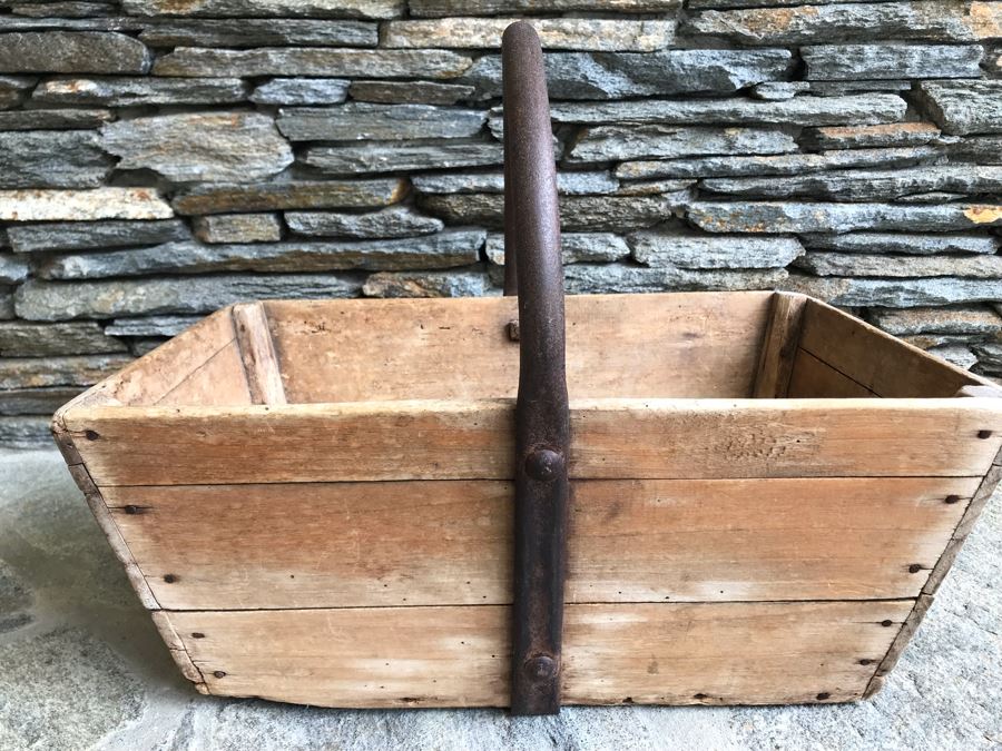 Antique Primitive Wooden Basket With Wrought Iron Curved Handle 18'W X 9'D X 15'H [Photo 9]