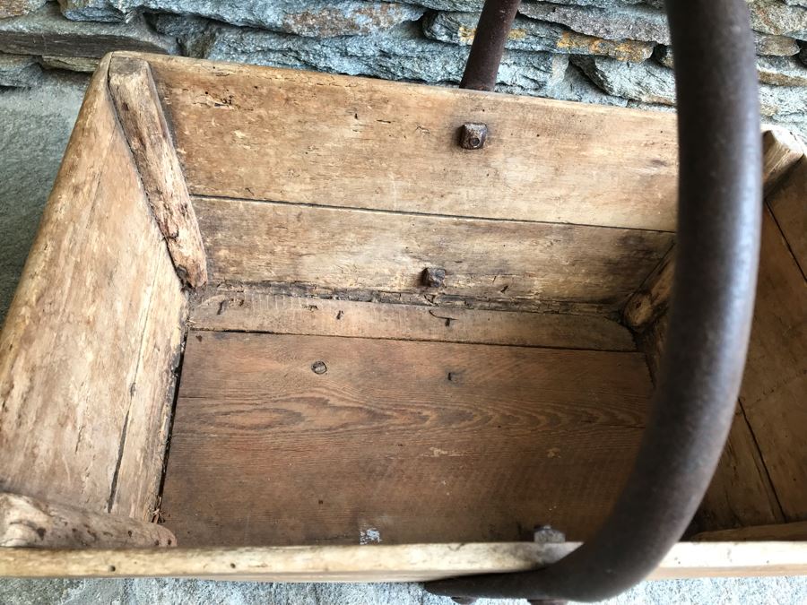 Antique Primitive Wooden Basket With Wrought Iron Curved Handle 18'W X 9'D X 15'H [Photo 12]