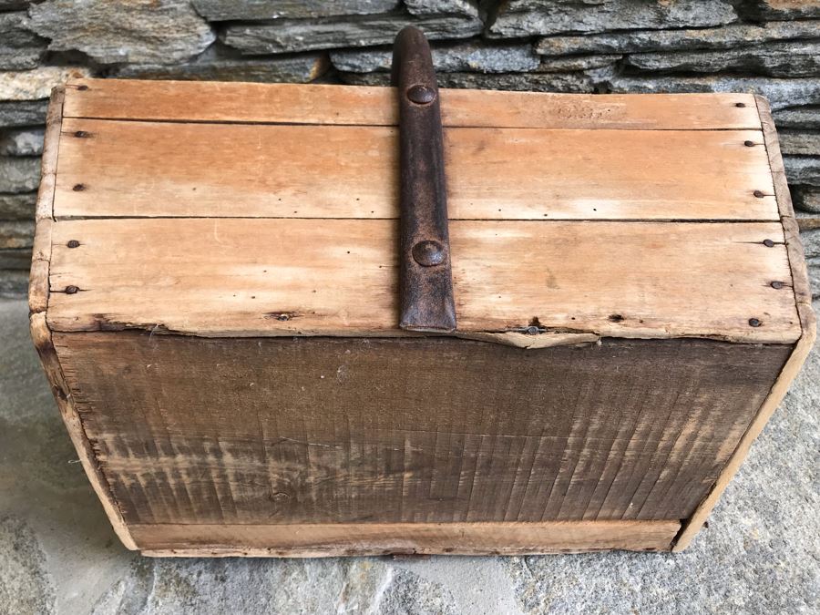 Antique Primitive Wooden Basket With Wrought Iron Curved Handle 18'W X 9'D X 15'H [Photo 14]