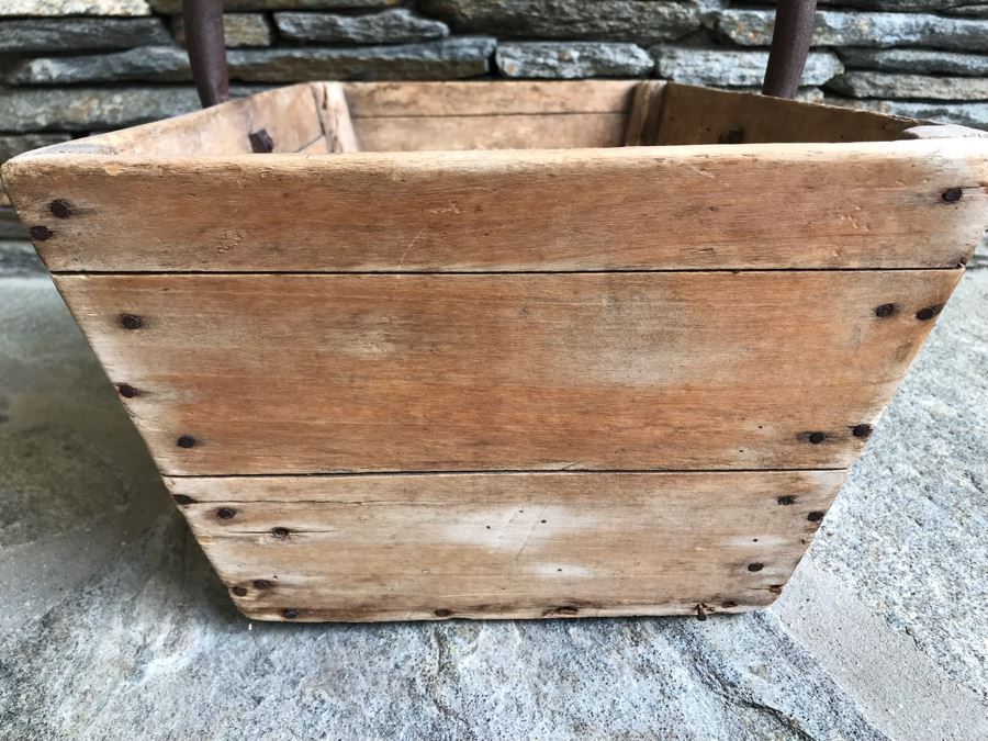 Antique Primitive Wooden Basket With Wrought Iron Curved Handle 18'W X 9'D X 15'H [Photo 7]